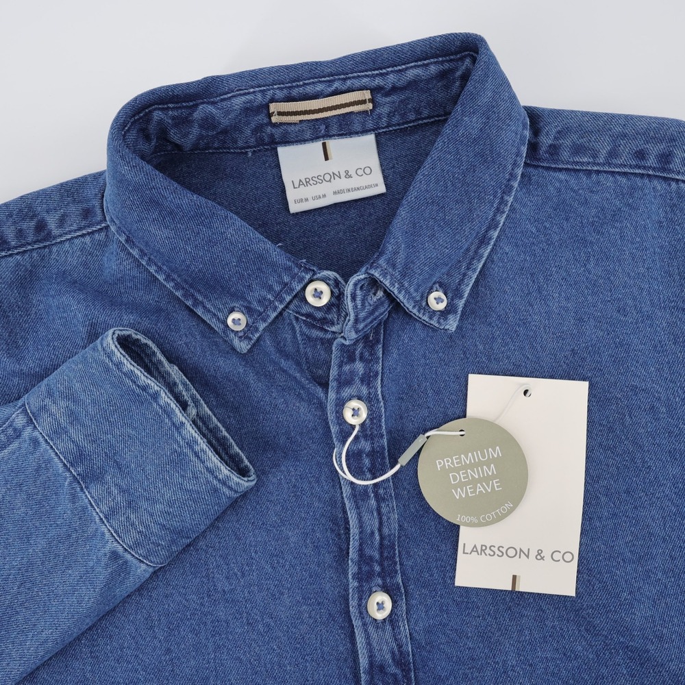 NEW Larsson & Co Freddie Denim Button Down Shirt Blue Long Sleeve Mens Medium